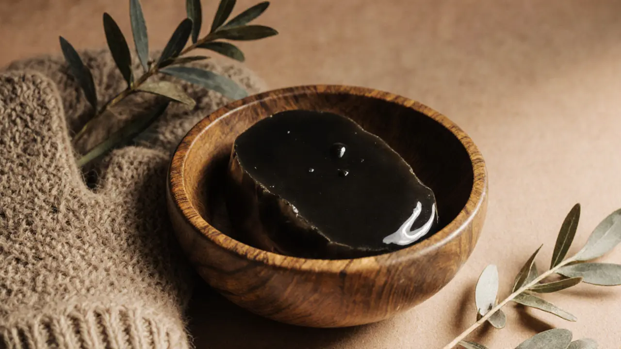 Moroccan black soap in wooden bowl with kessa glove and natural herbs beside it.