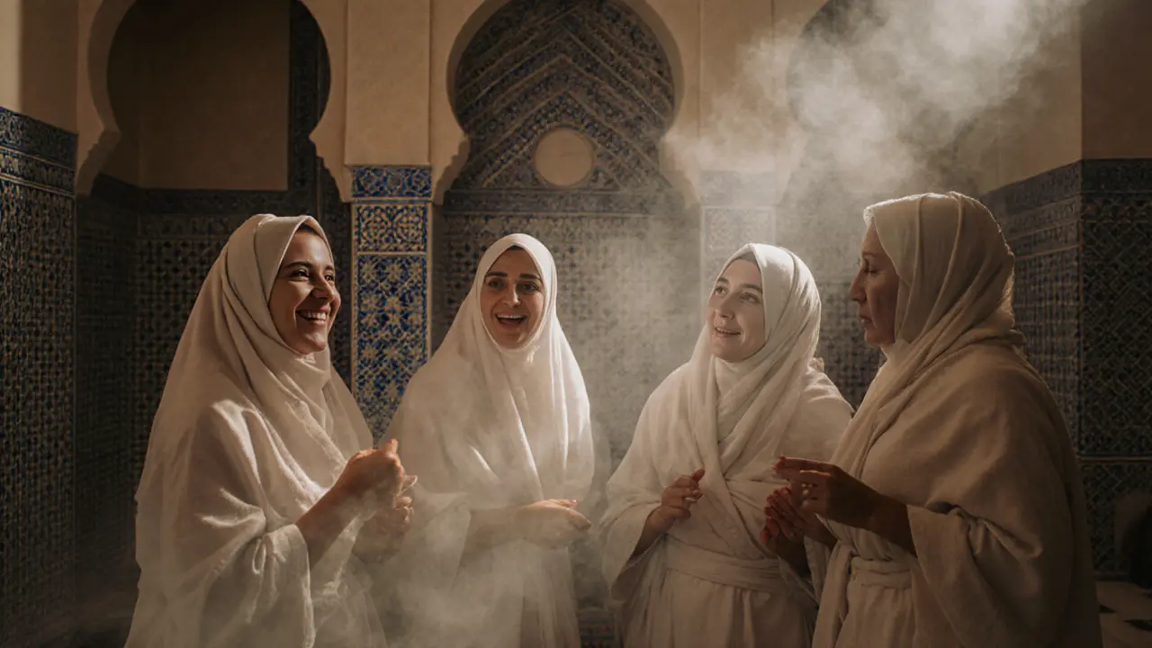 Muslim women laughing together in a steamy, tiled hammam room.