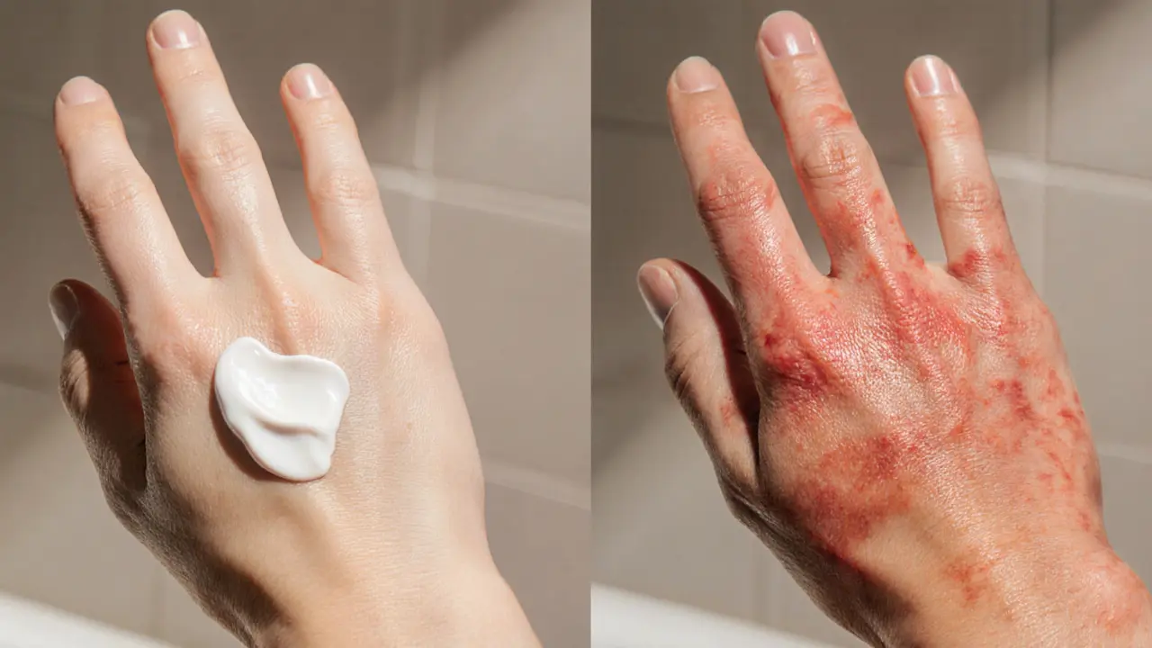 One hand smooth and healthy, the other red and irritated from scrubbing