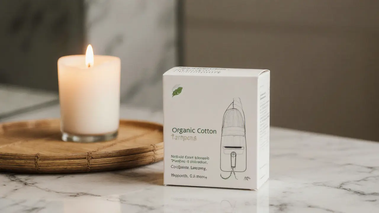 Organic tampon box on marble counter with candle and spa accessories, minimalist luxury style.