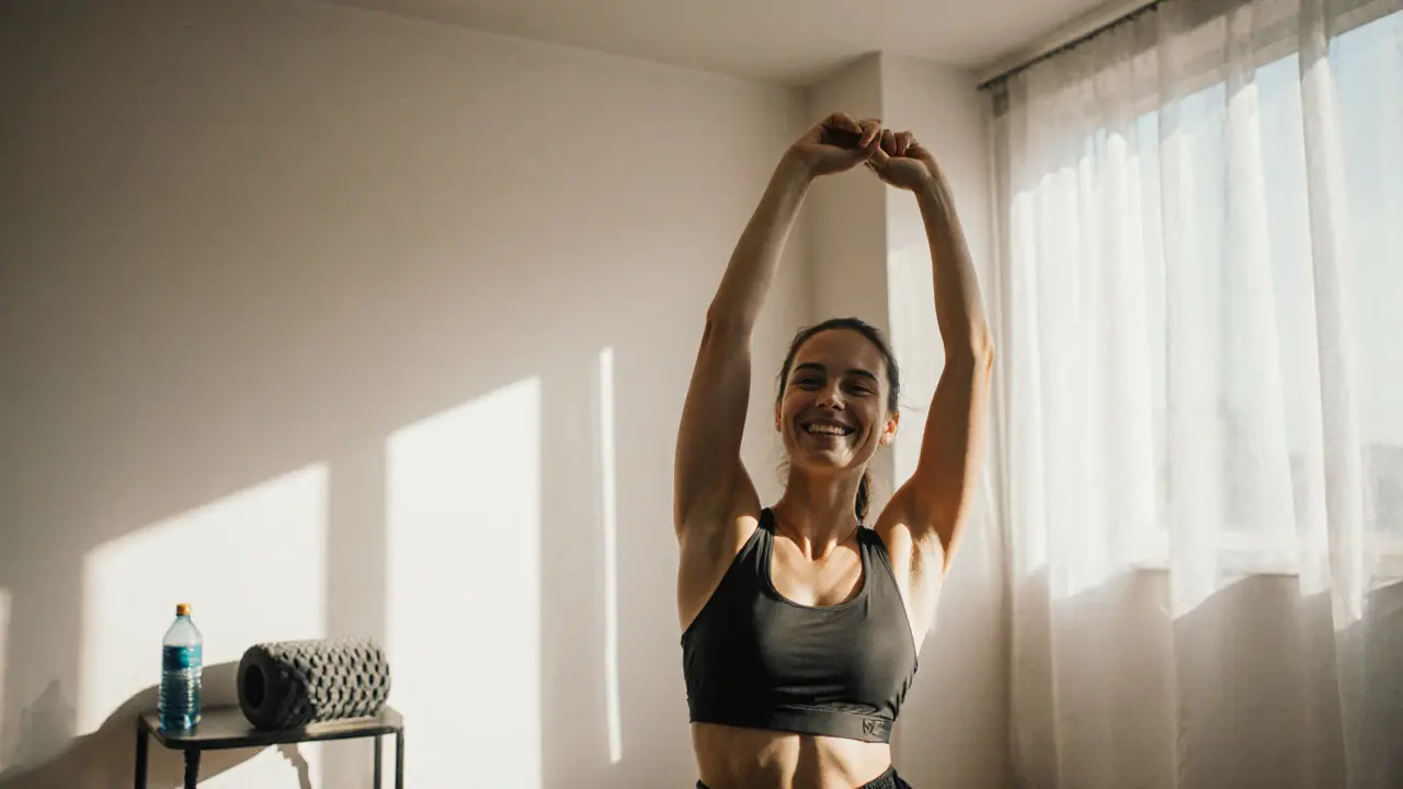 Person stretching after massage, smiling, with foam roller and water bottle nearby in calm studio.
