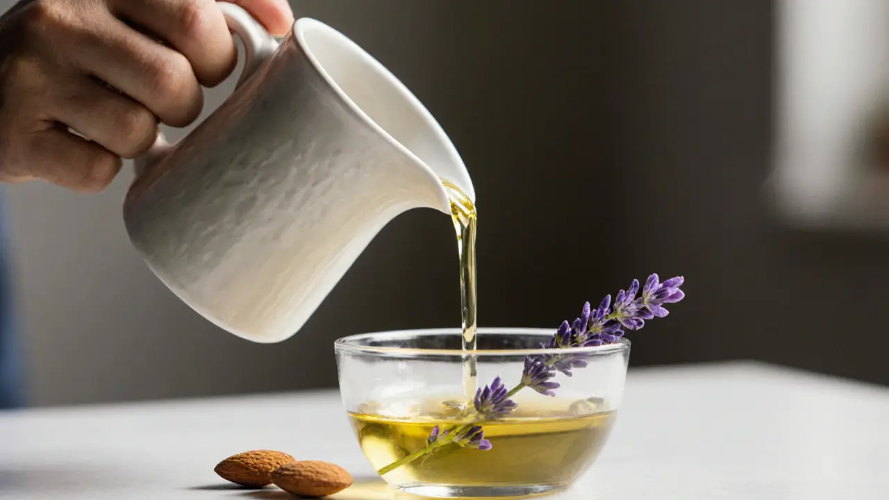Pure almond oil being poured into a glass bowl with a sprig of lavender beside it, symbolizing natural and gentle self-care.
