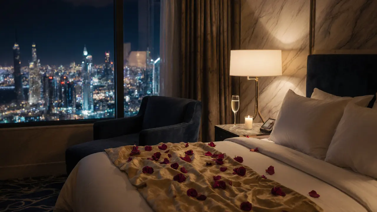 Romantic hotel room with candles, rose petals, and Dubai Marina lights at night.
