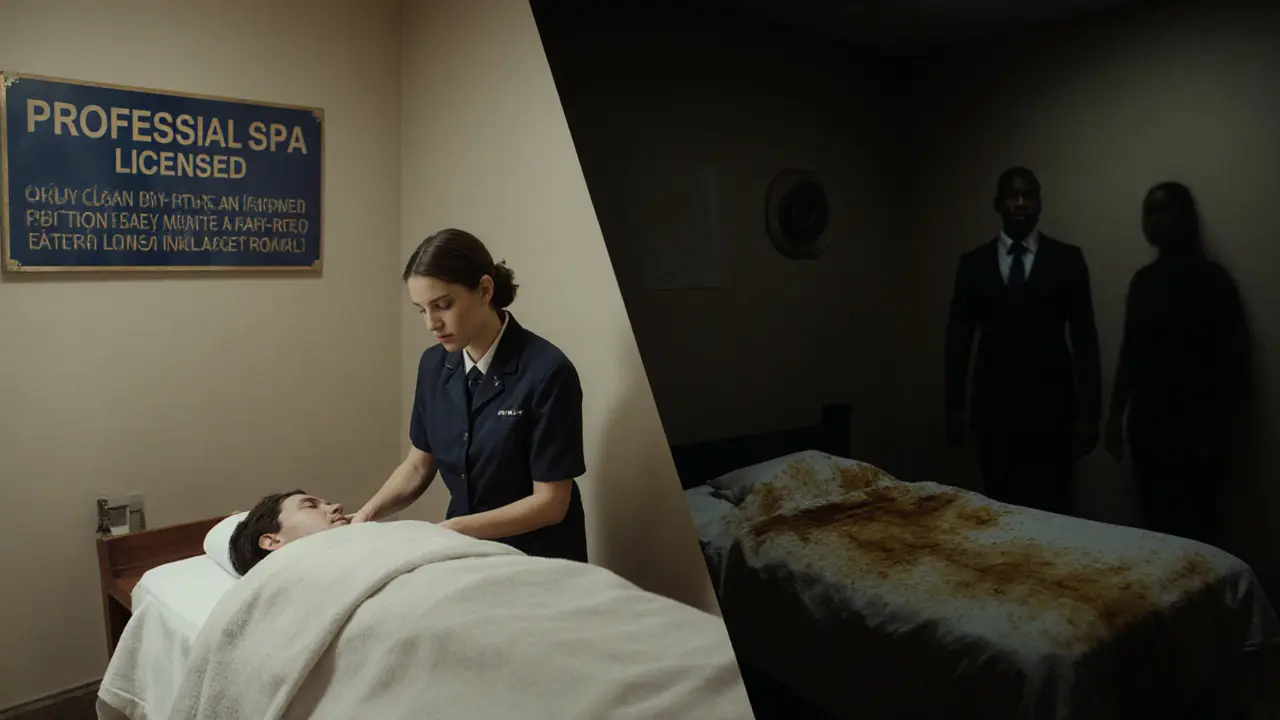 Side-by-side comparison: professional spa versus unregulated setting, highlighting safety differences.