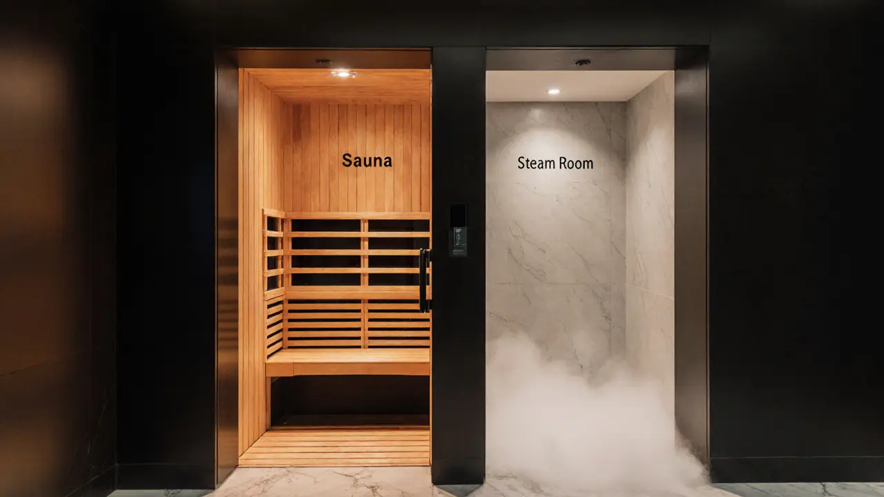 Side-by-side doors of a spa&#039;s sauna and steam room, showing different lighting and mist effects.