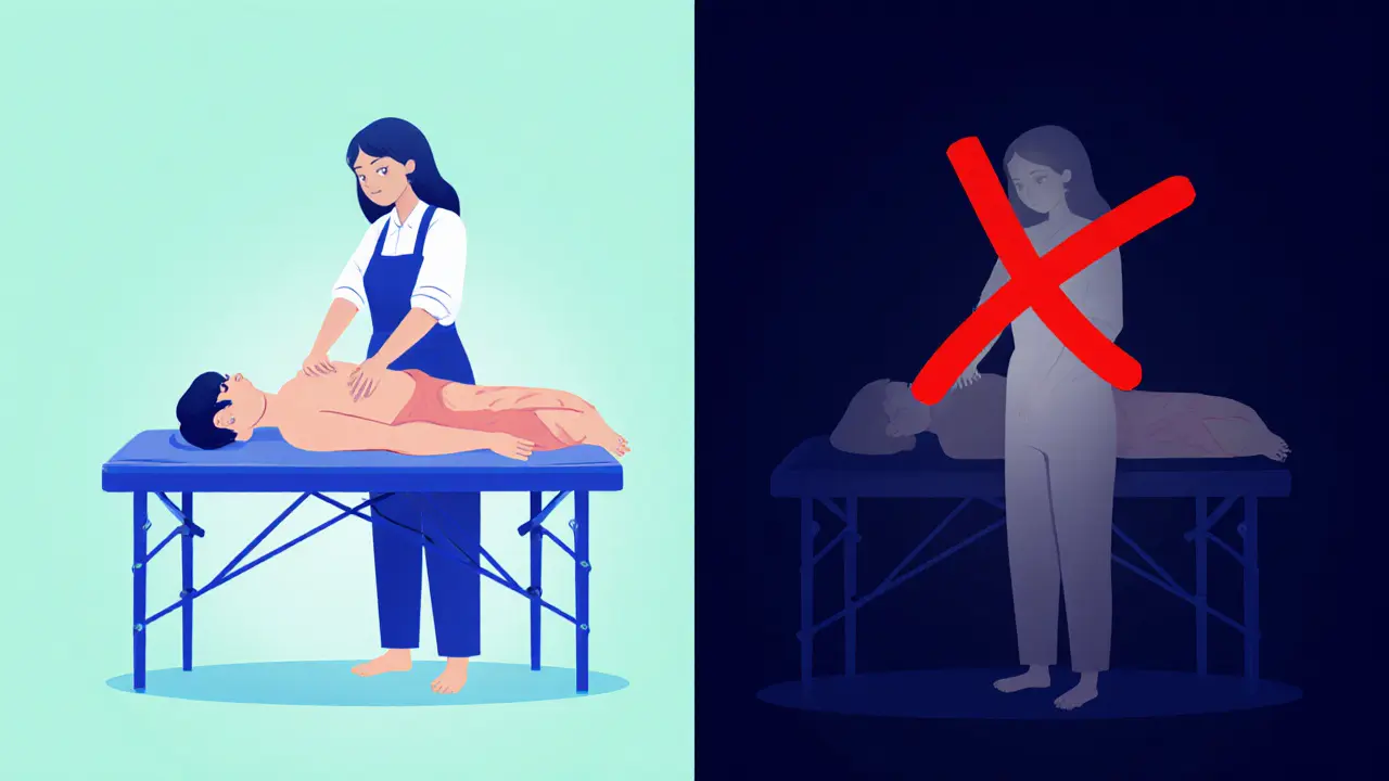 Side-by-side: proper draping vs. inappropriate exposure with red X, symbolizing professional boundaries.