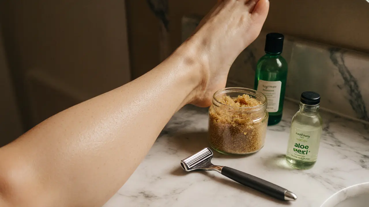 Smooth shaved leg with sugar scrub and clean razor on a marble counter.