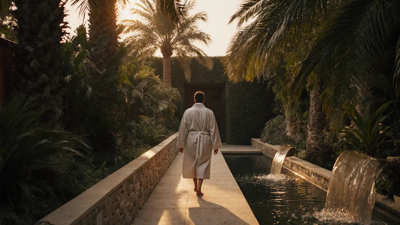 Someone in a robe walking quietly along a spa path with plants and water nearby.