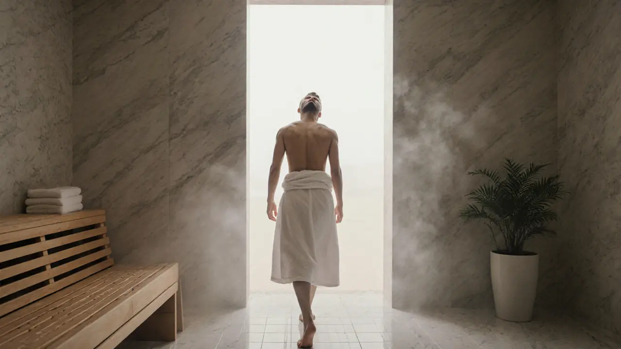 Someone stepping out of a sauna into a cool tiled room, wrapped in a towel.