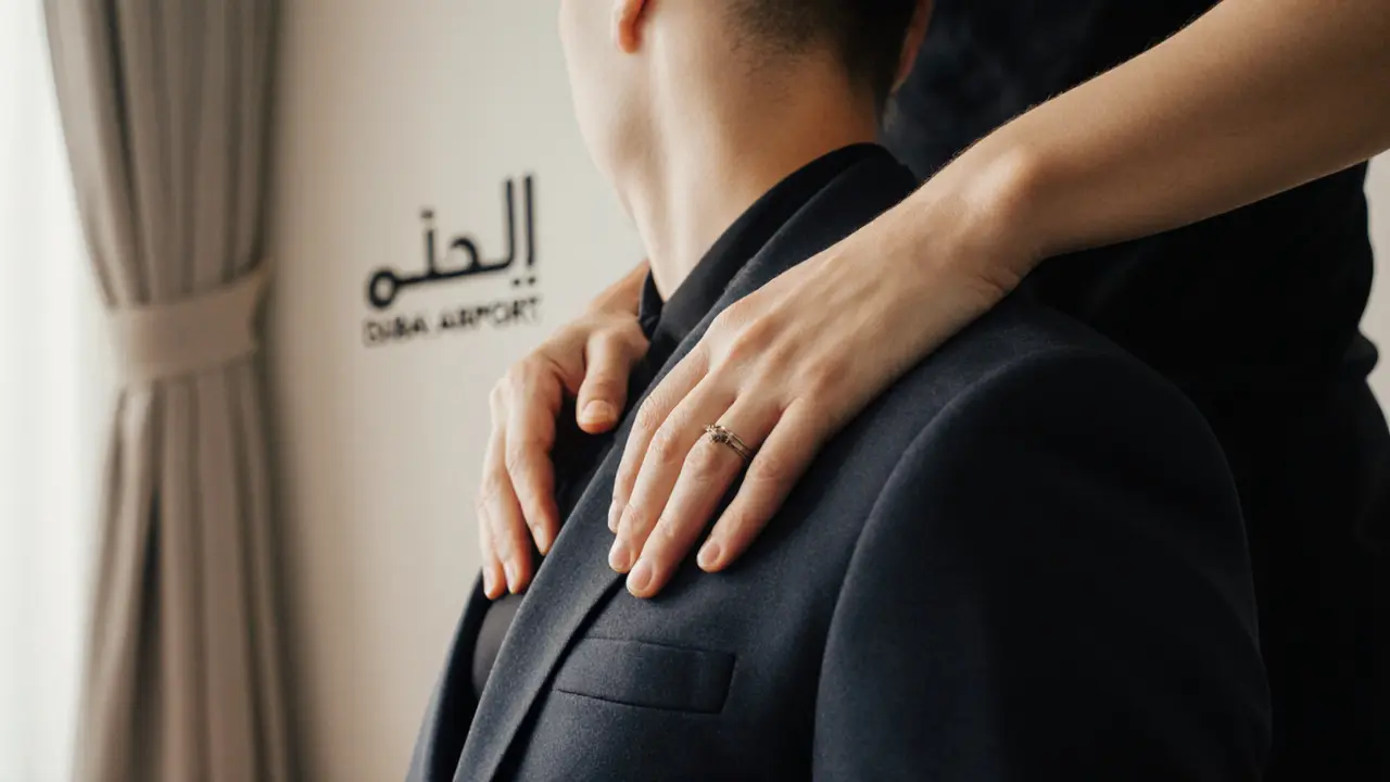 Therapist&#039;s hands gently massaging a traveler&#039;s shoulders through clothing.