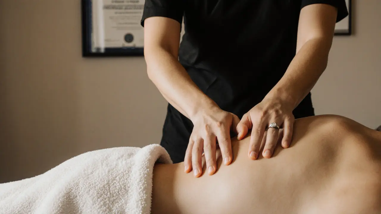 Therapist&#039;s hands massage upper back with towel covering hips, AMTA license visible on wall.