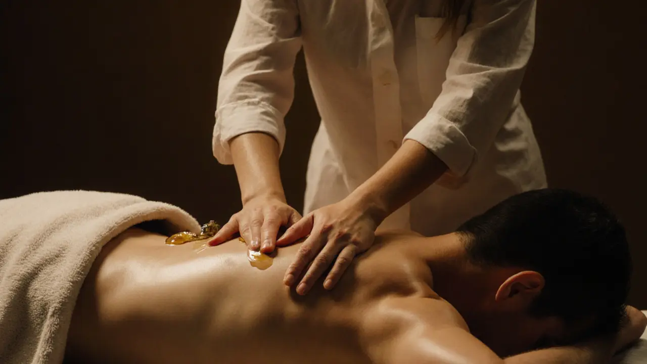 Therapist in cotton clothing gently gliding forearm over client&#039;s back covered by a towel.