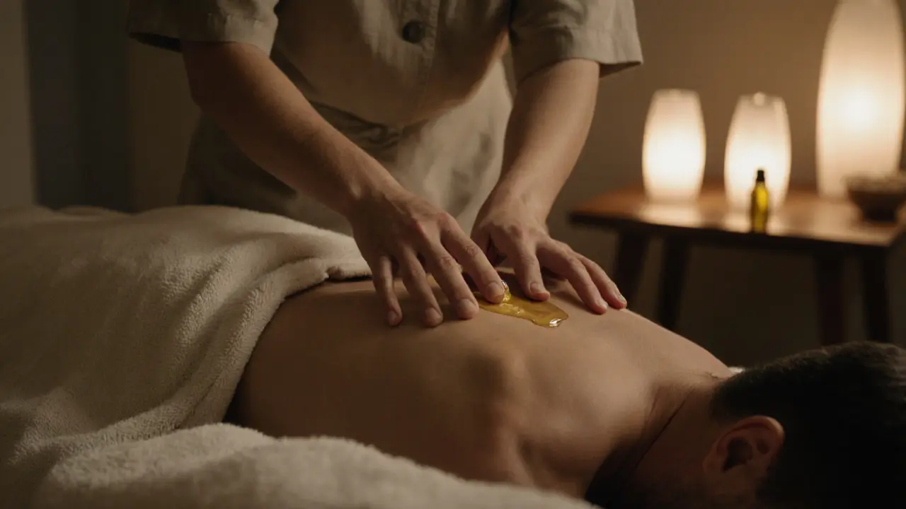 Therapist massaging a client&#039;s back with draped towel and oil bottle nearby in a quiet room.