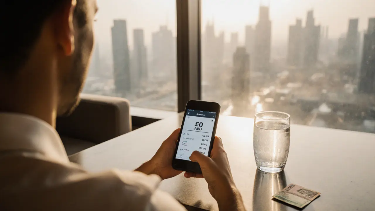 Traveler checking exchange rate on smartphone at a spa lounge