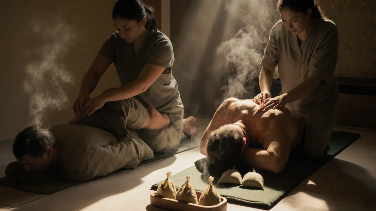 Two clients receiving Thai massage side-by-side in a calm spa room with herbal compresses nearby.