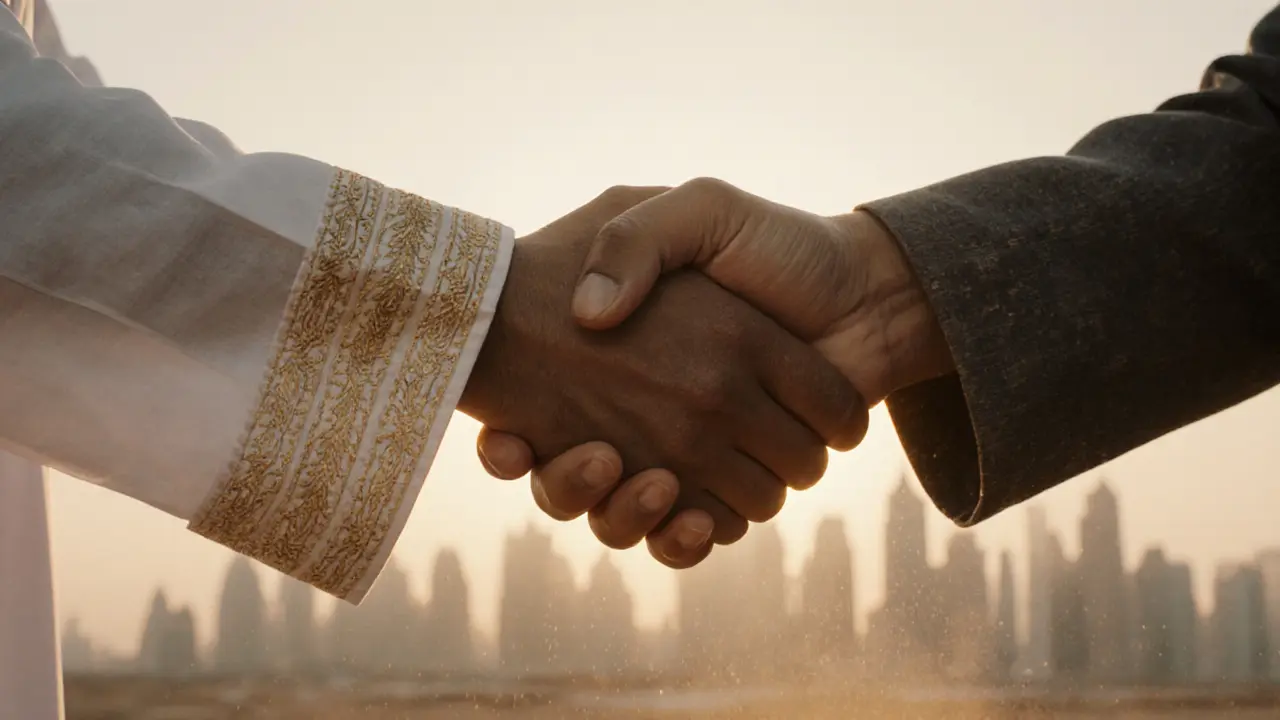 Two hands preparing to shake—one in traditional Emirati thobe, one in Western clothing.