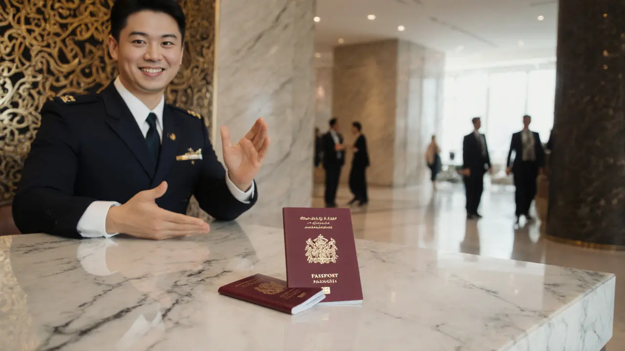 Two passports on a hotel check-in counter with a smiling staff member.