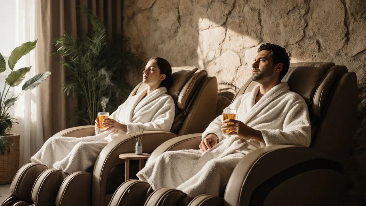 Two people relaxing in side-by-side foot massage chairs at a spa.