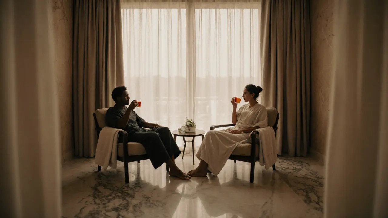 Two people relaxing with tea and cool towels in a serene spa chill zone after sauna.