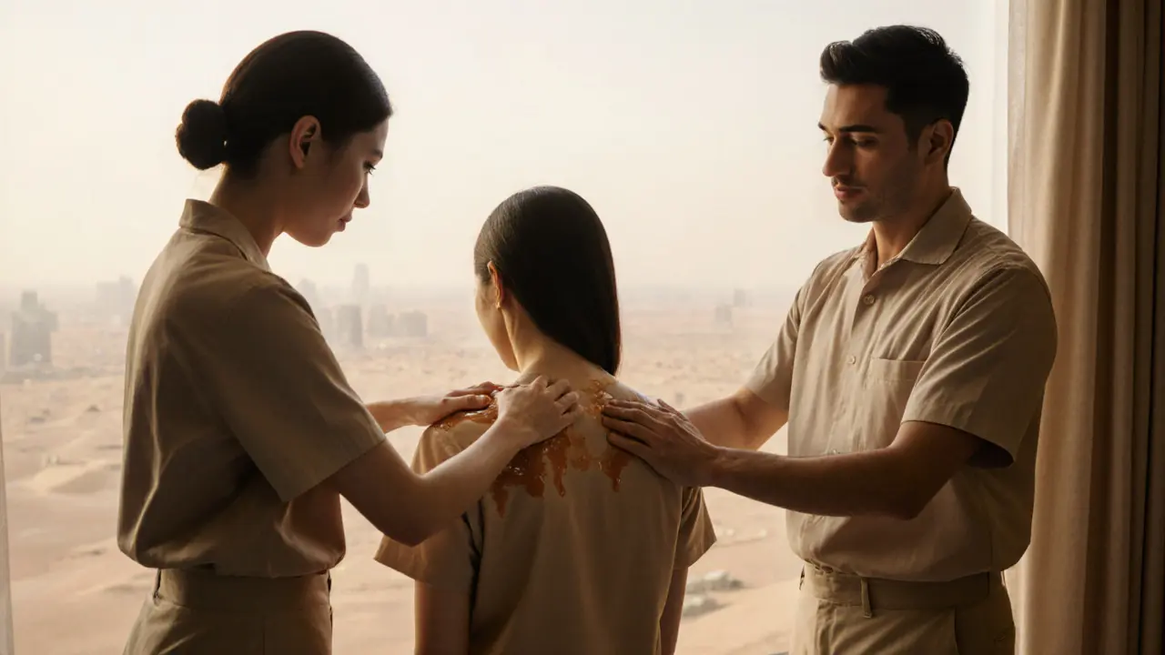 Two therapists giving synchronized massages to a couple, with desert scenery visible through the window.