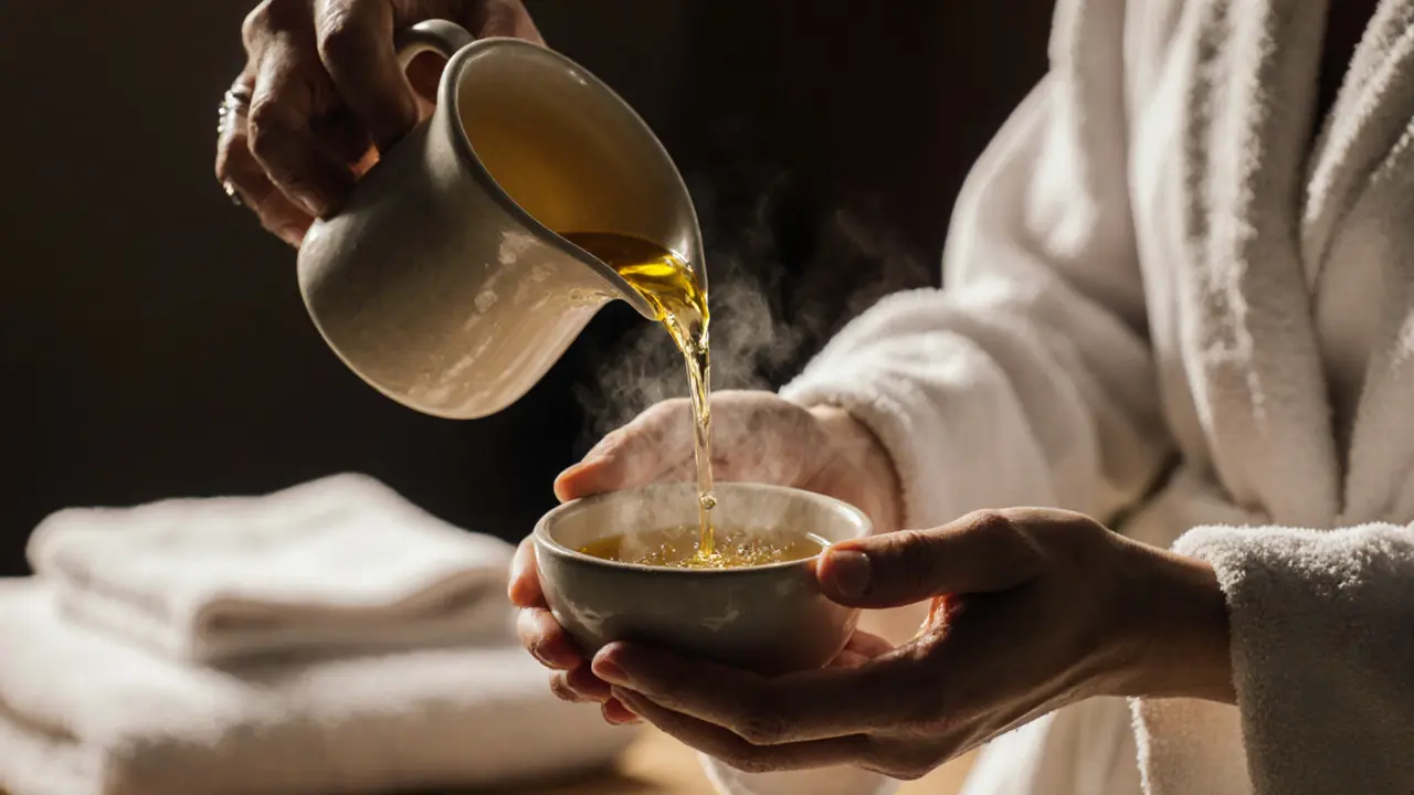 Warm herbal oil being poured into hands, with steam rising and soft focus background.