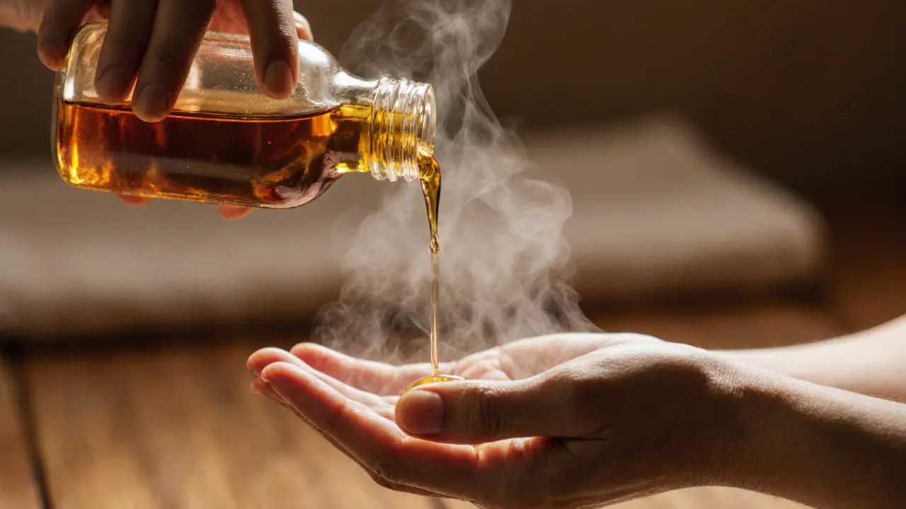 Warm therapeutic oil pouring slowly onto a hand with faint steam rising in the air.