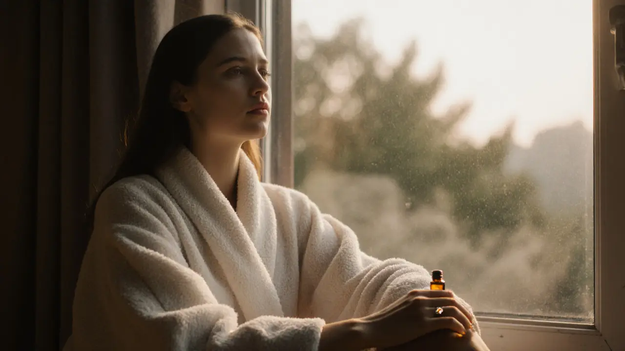 Woman in robe sitting by window at dawn, relaxed after aromatherapy massage