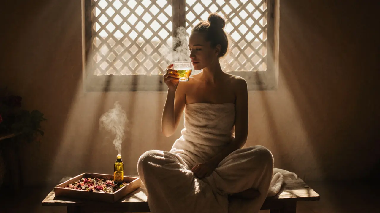 Woman wrapped in a towel sipping mint tea after a hammam session