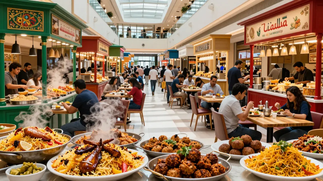 A busy food court in Dubai Mall with diverse Middle Eastern and Asian dishes on display.