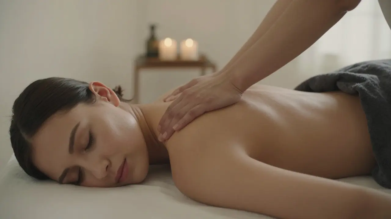 A client relaxing on a massage table as a practitioner&#039;s arm glides gently over their back in a soothing motion.