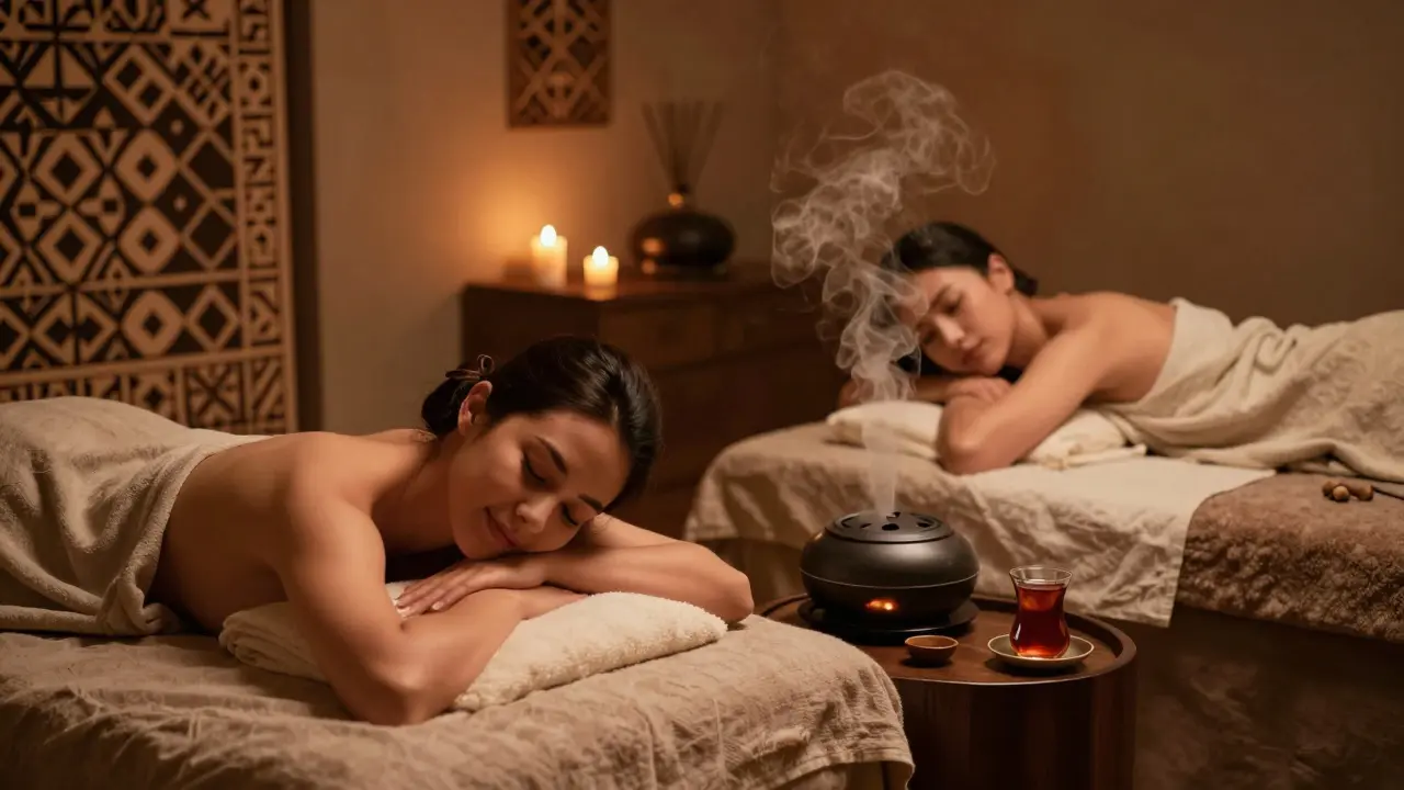 A couple receiving a private massage in a serene spa suite with candlelight and calming decor.