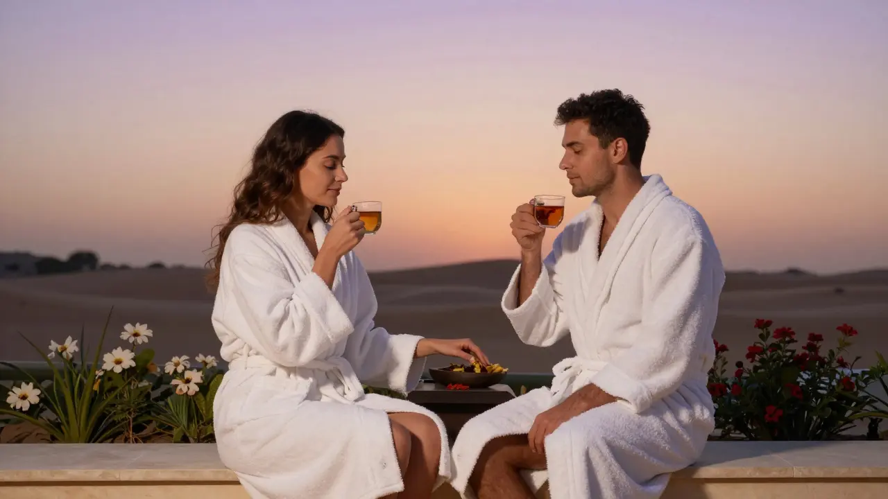 A couple relaxing in robes after a massage, sipping tea as the Dubai sunset glows behind them.