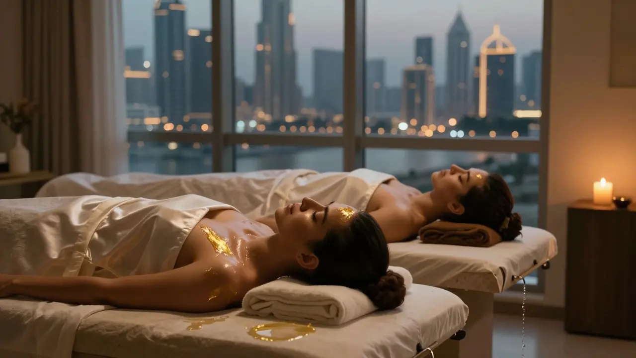 A couple relaxing side-by-side on heated massage tables, eyes closed, with Dubai's skyline visible through large windows.