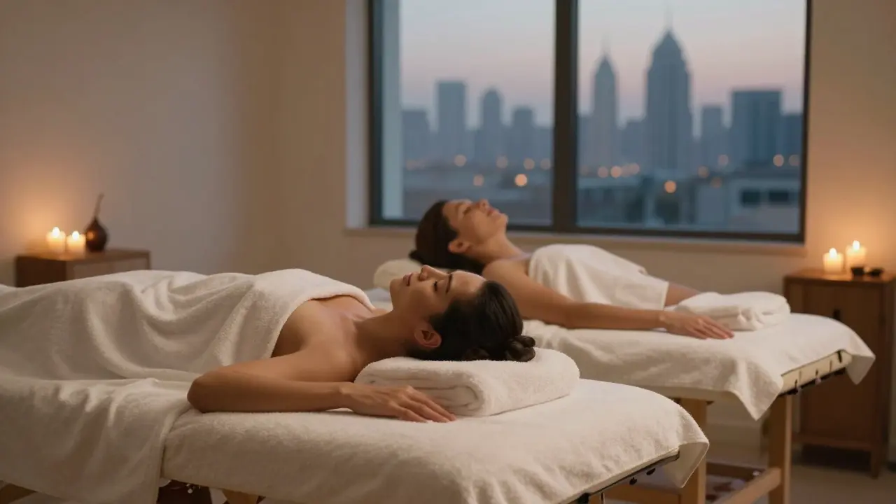 A couple relaxing side by side on massage tables, draped in towels, in a quiet spa suite.