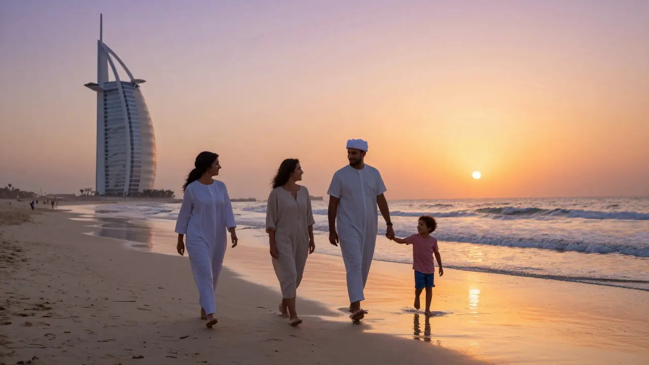 A family walking on Jumeirah Beach at sunset with the Burj Al Arab in the distance.