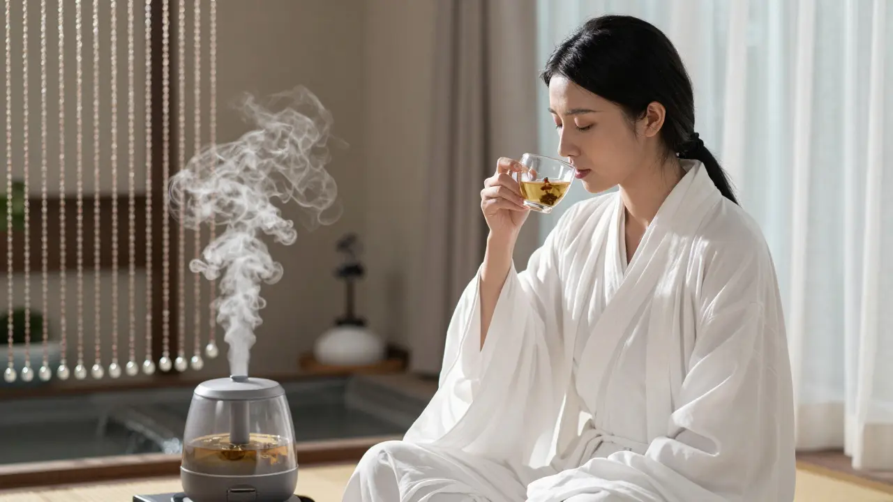 A guest in a white robe sipping tea in a quiet lounge, eyes closed, steam rising nearby.