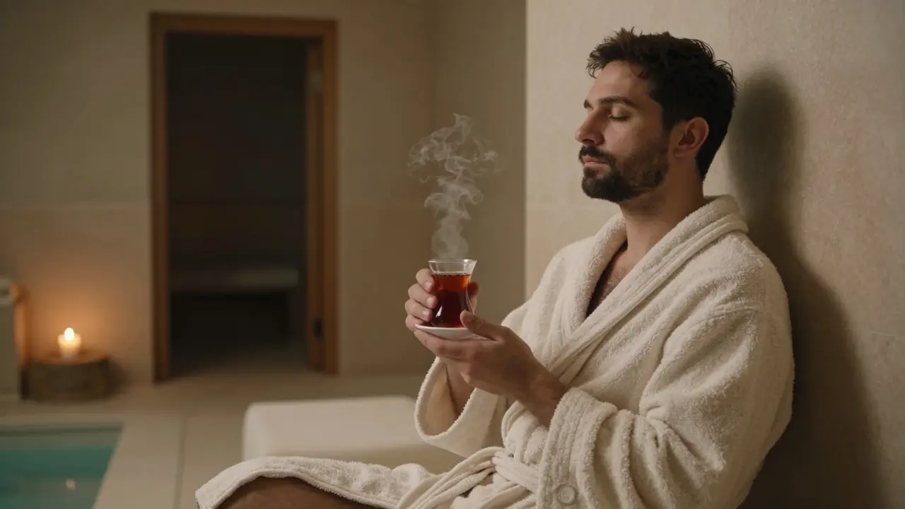 A man relaxing in the cooling room with herbal tea after a bath.