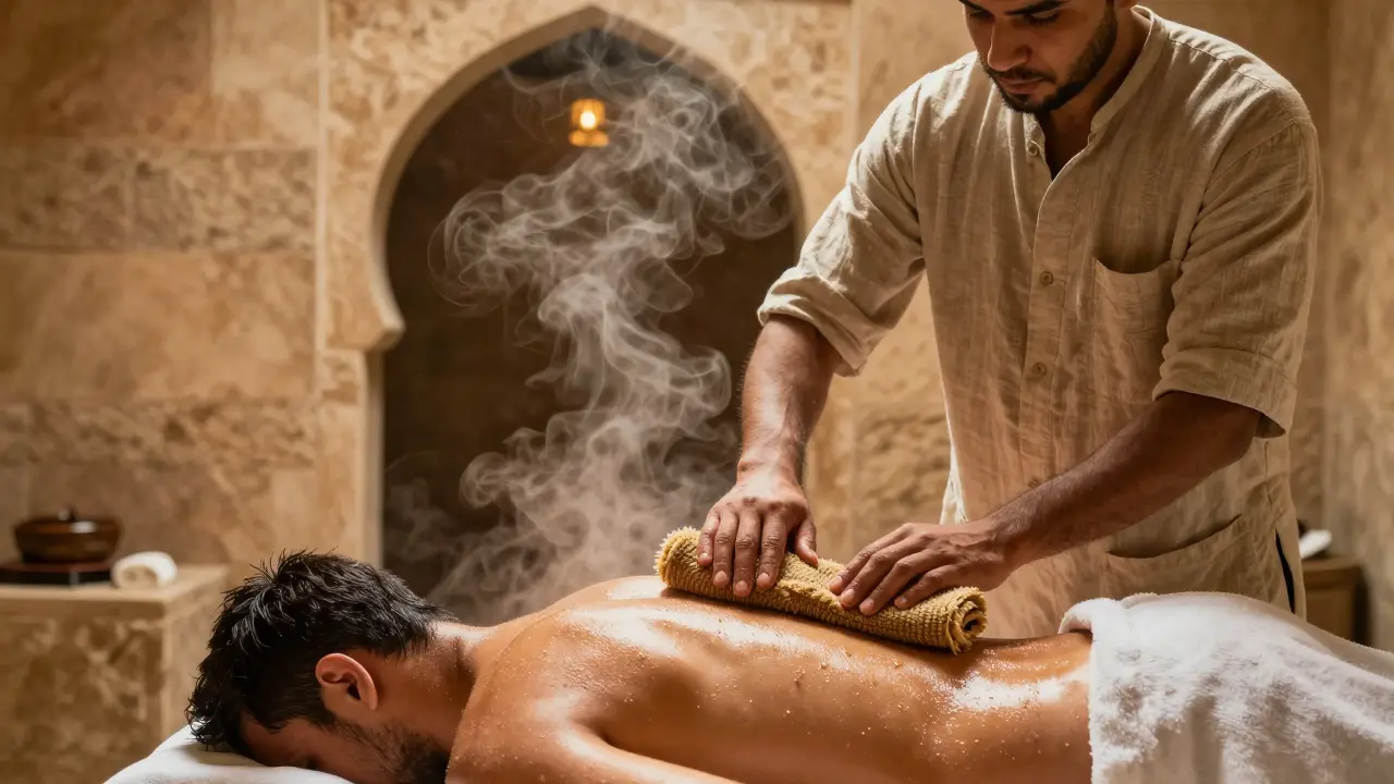 A Moroccan attendant scrubbing a client&#039;s back with a kessa mitt in a steamy hammam.