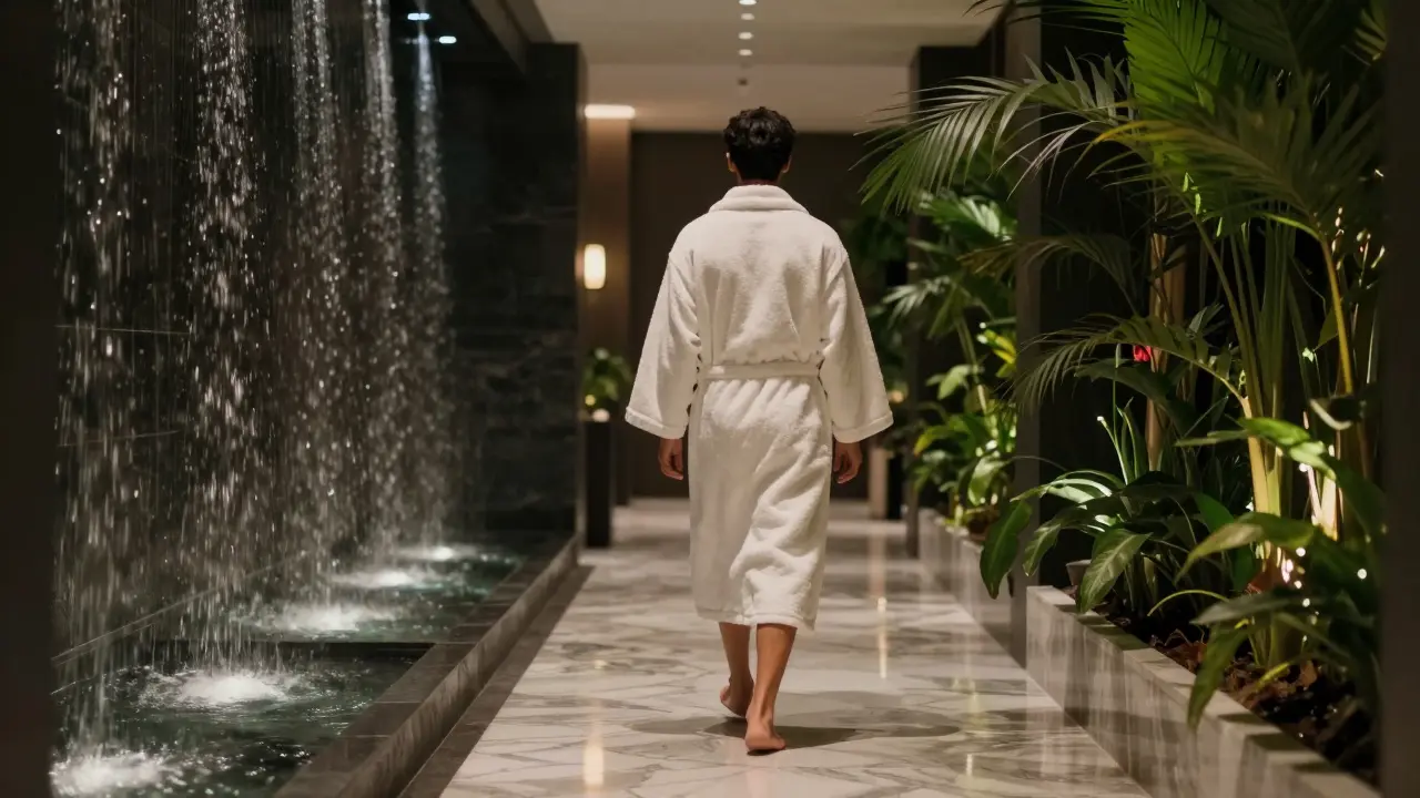 A person in a robe walking barefoot through a peaceful spa corridor with water and plants.