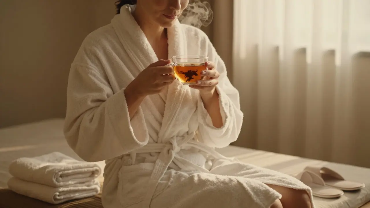 A person in a spa robe sipping herbal tea after a massage, relaxed and at peace.