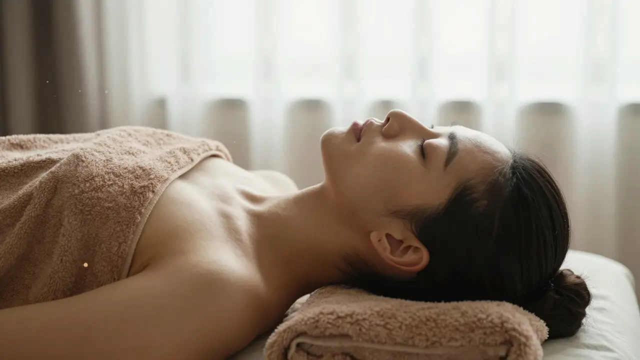 A person lying peacefully on a massage table, eyes closed, covered by a warm towel.