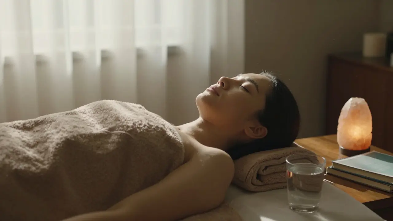 A person lying still after a tantric session, relaxed and at peace, with a warm towel and soft light.