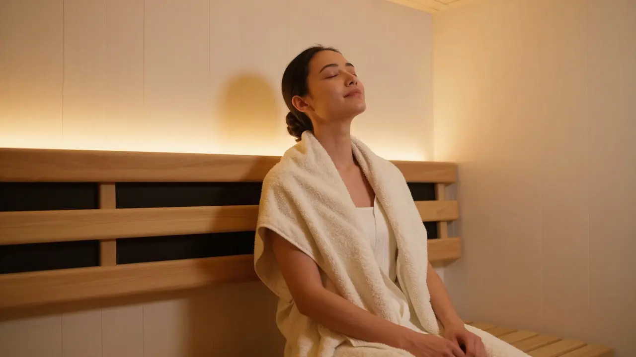 A person relaxing in an infrared sauna with eyes closed and a towel over shoulders.