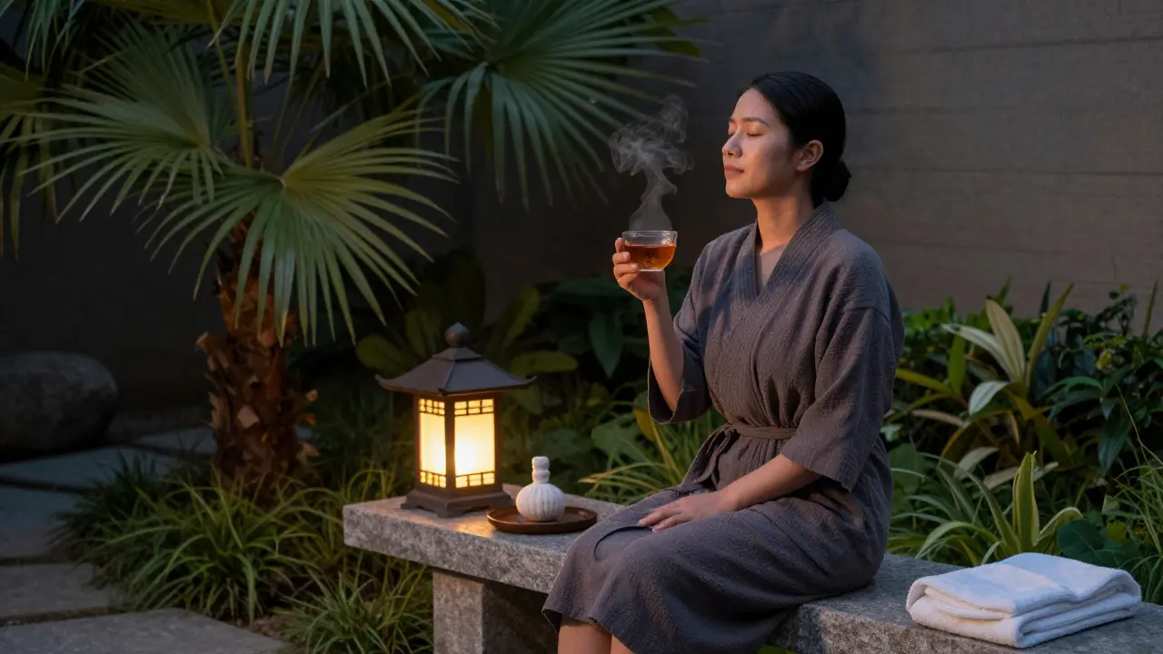 A person sitting quietly in a spa garden after a massage, holding tea, eyes closed in peaceful reflection.