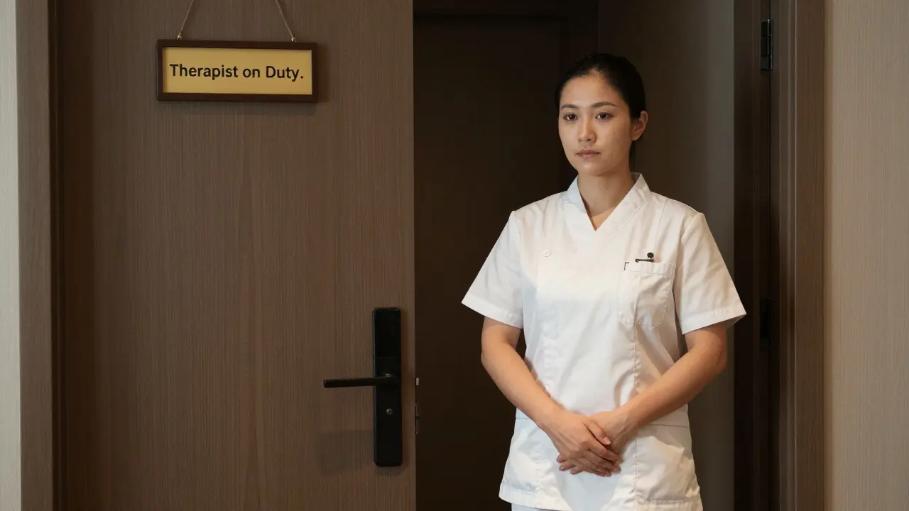 A professional therapist standing respectfully beside a closed spa door.