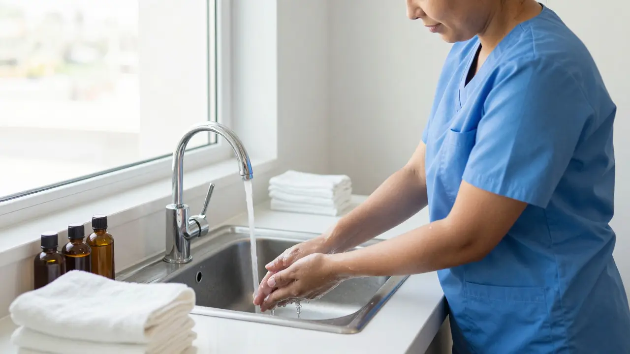 A professional therapist washing hands before a massage session.