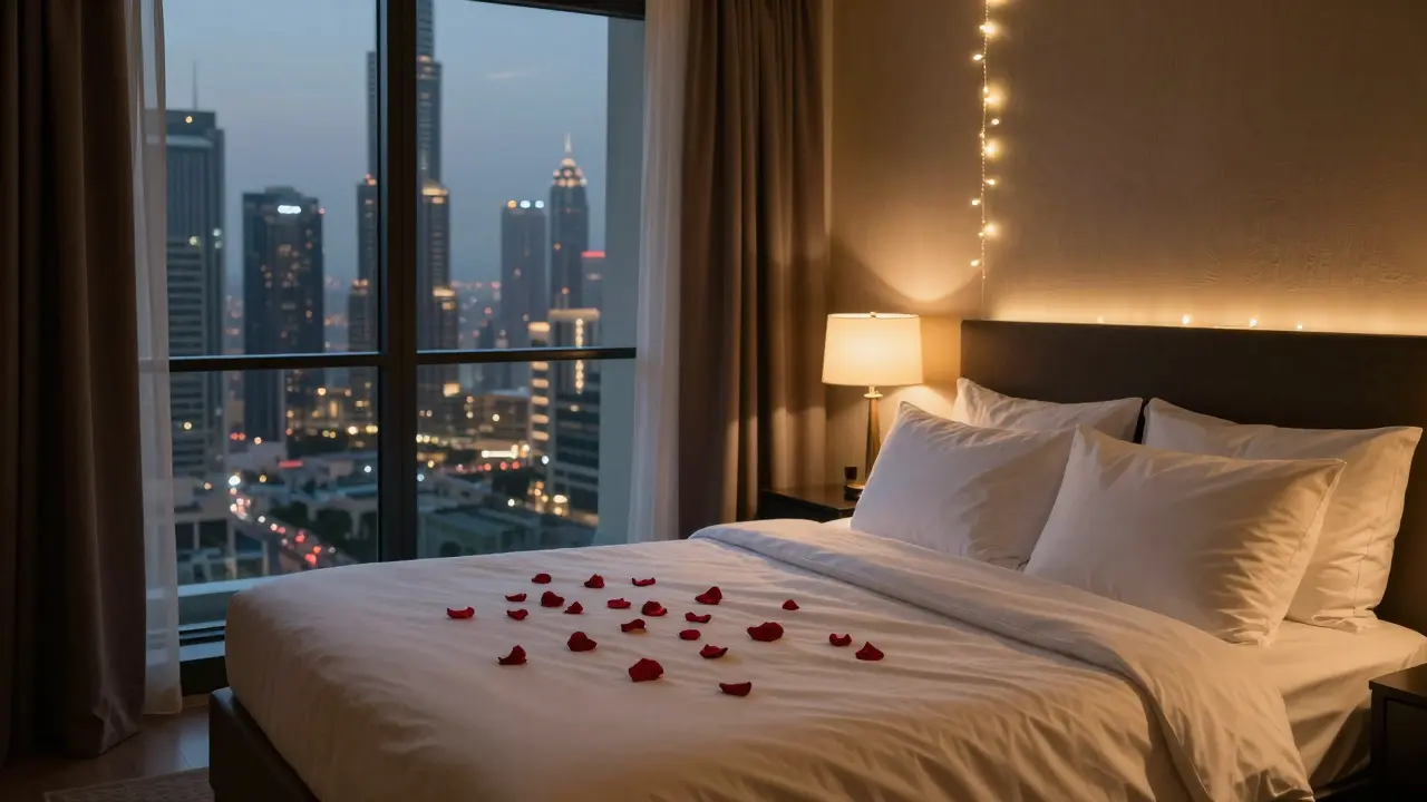 A romantic hotel room with a king bed, rose petals on pillows, and soft lighting overlooking the city.
