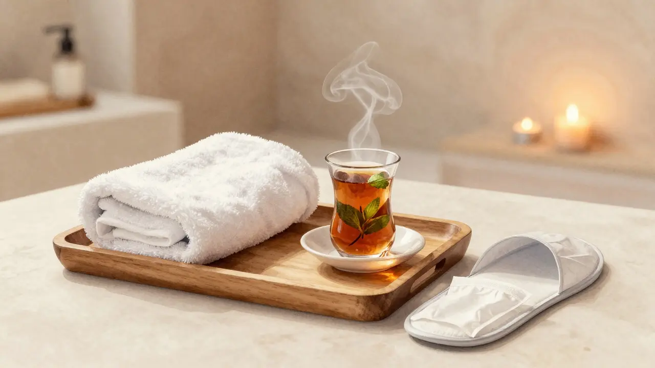 A steaming cup of mint tea and fresh towel beside disposable paper undergarments on a wooden tray in a calm cooling room.