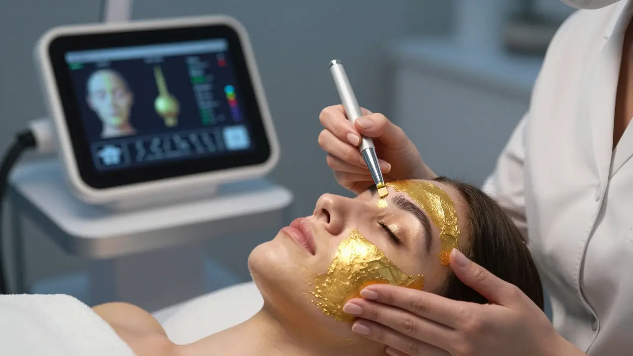 A therapist applying gold leaf facial treatment while an AI scanner monitors skin health in real time.