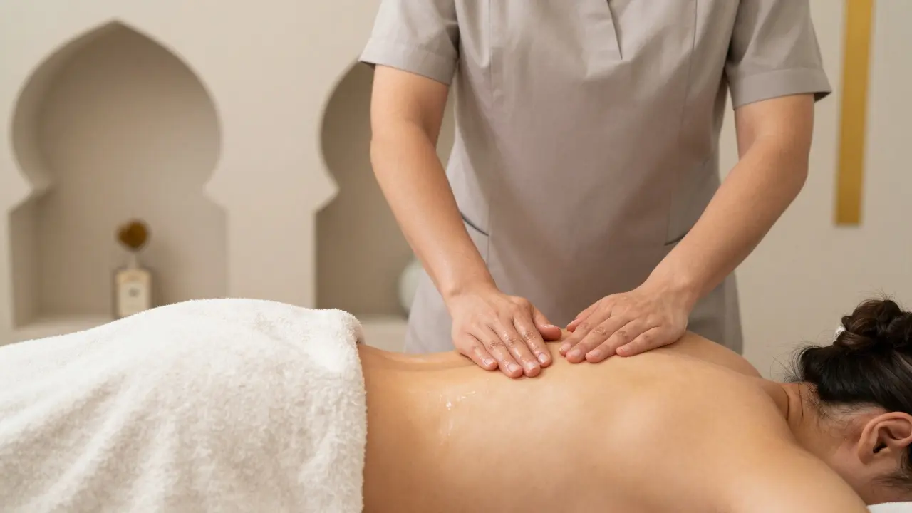 A therapist applying oil to a client's back with proper draping in a professional spa setting.